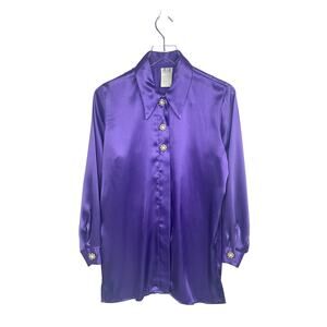 Vintage 80s Women's Purple Satin Tunic Shirt Pearl Buttons Made in USA Size S